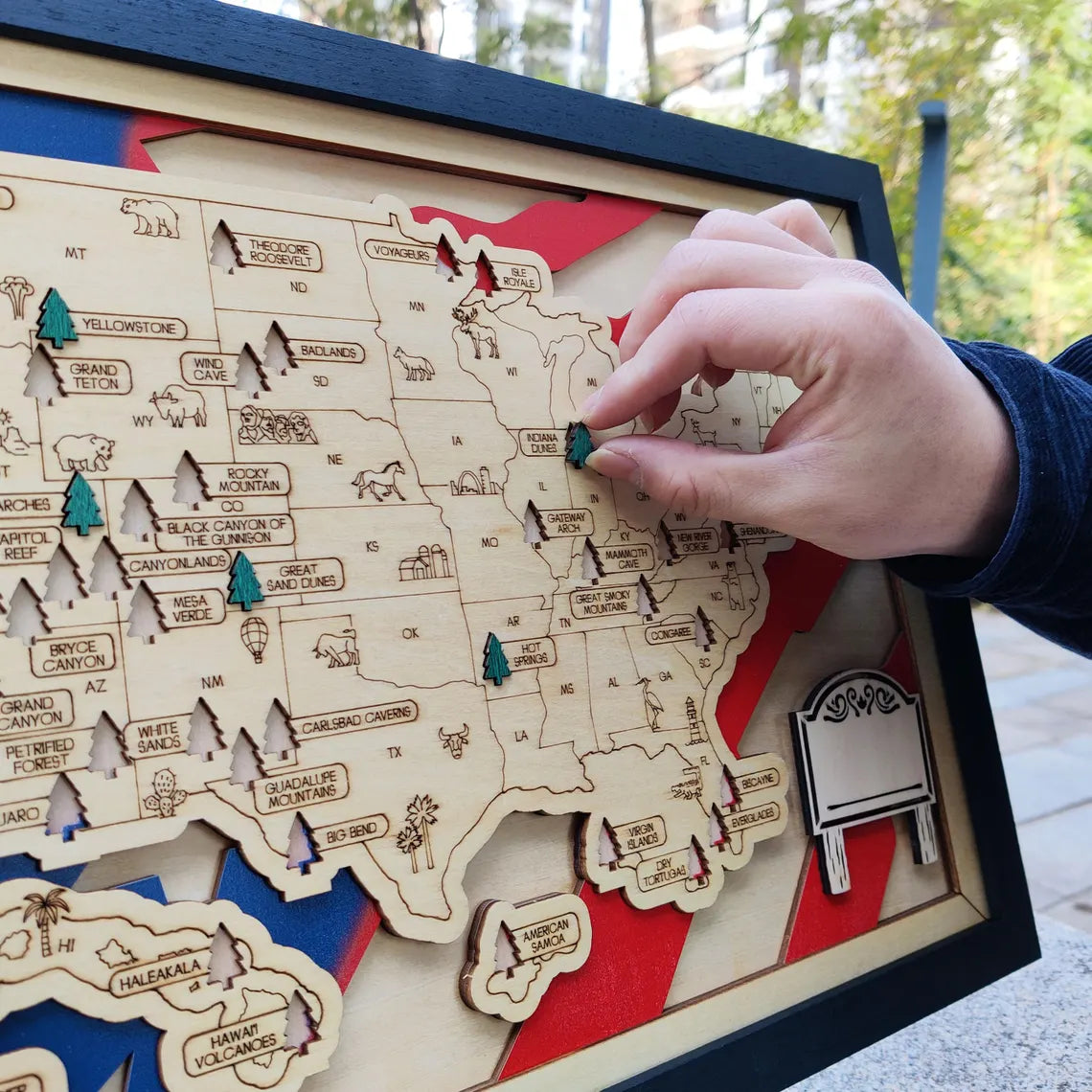 Wooden National Parks Map With Trees To Record Park Visits (USA Flage)
