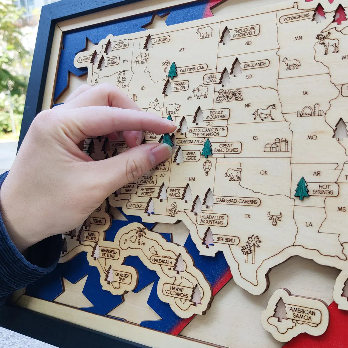Wooden National Parks Map With Trees To Record Park Visits (USA Flage)