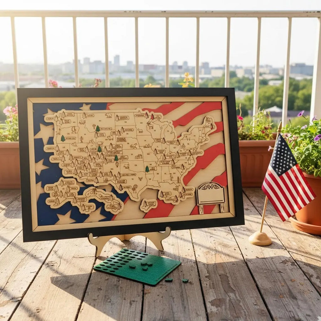 Wooden National Parks Map With Trees To Record Park Visits (USA Flage)