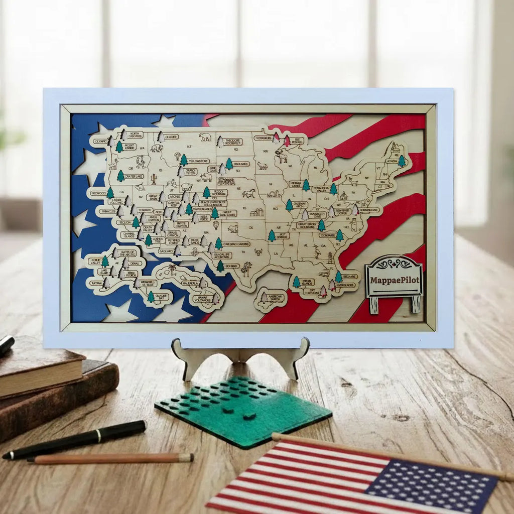Wooden National Parks Map With Trees To Record Park Visits (USA Flage)