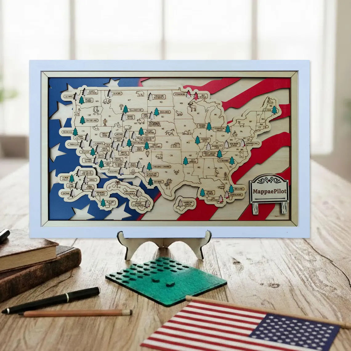 Wooden National Parks Map With Trees To Record Park Visits (USA Flage)