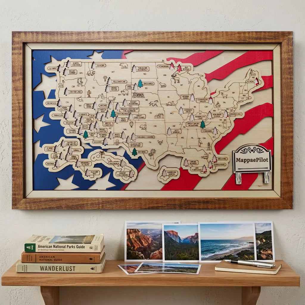 Wooden National Parks Map With Trees To Record Park Visits (USA Flage)