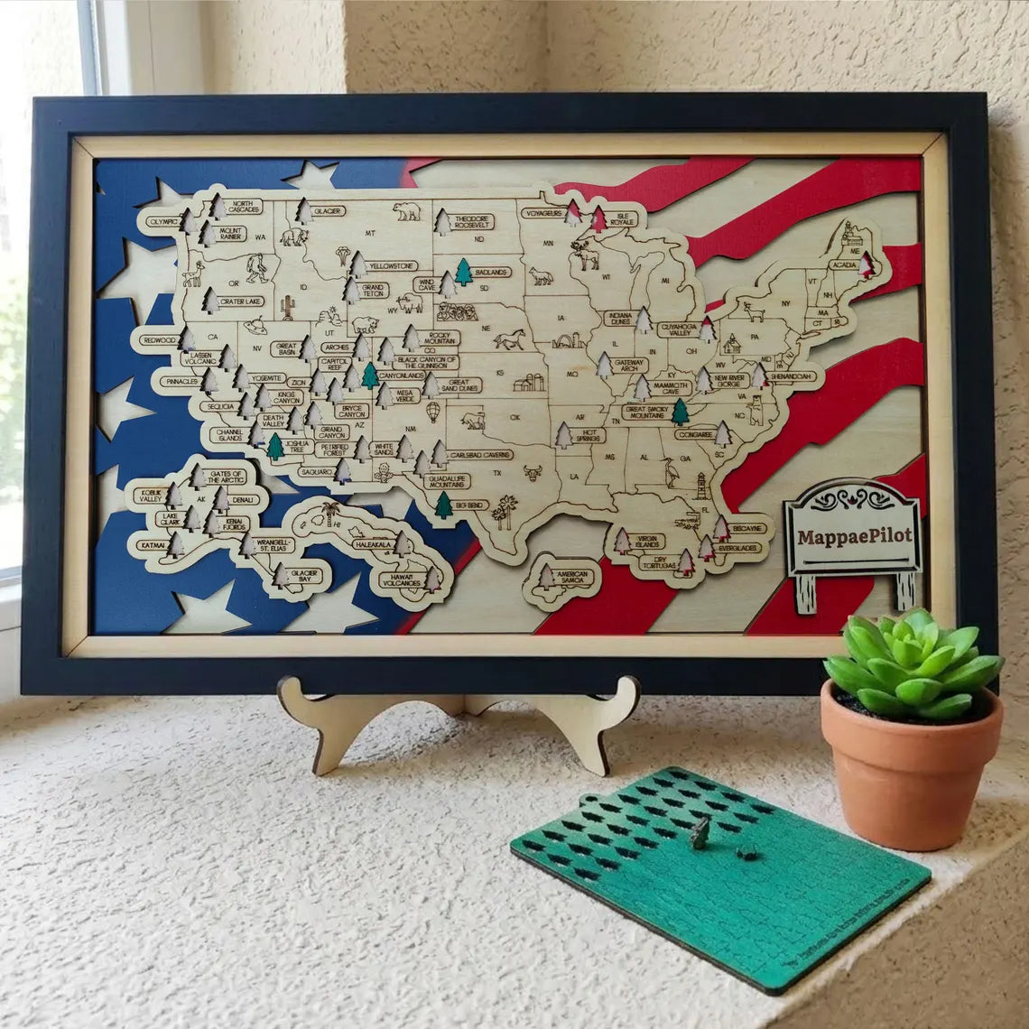 Wooden National Parks Map With Trees To Record Park Visits (USA Flage)