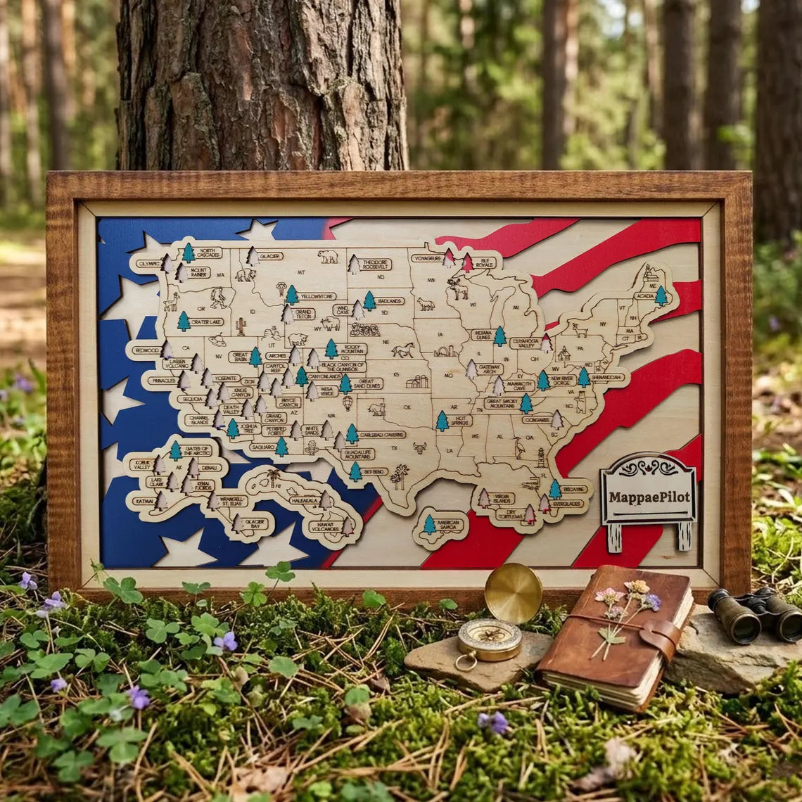 Wooden National Parks Map With Trees To Record Park Visits (USA Flage)