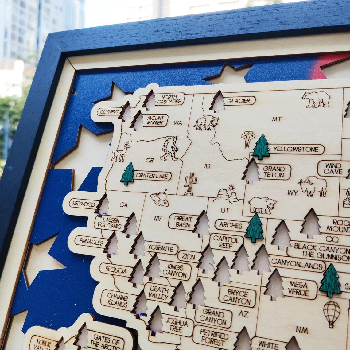 Wooden National Parks Map With Trees To Record Park Visits (USA Flage)