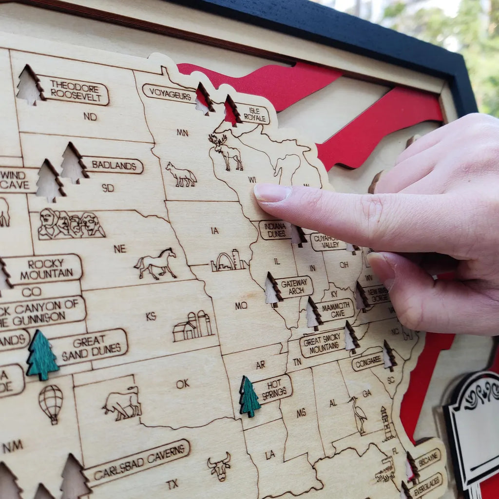 Wooden National Parks Map With Trees To Record Park Visits (USA Flage)