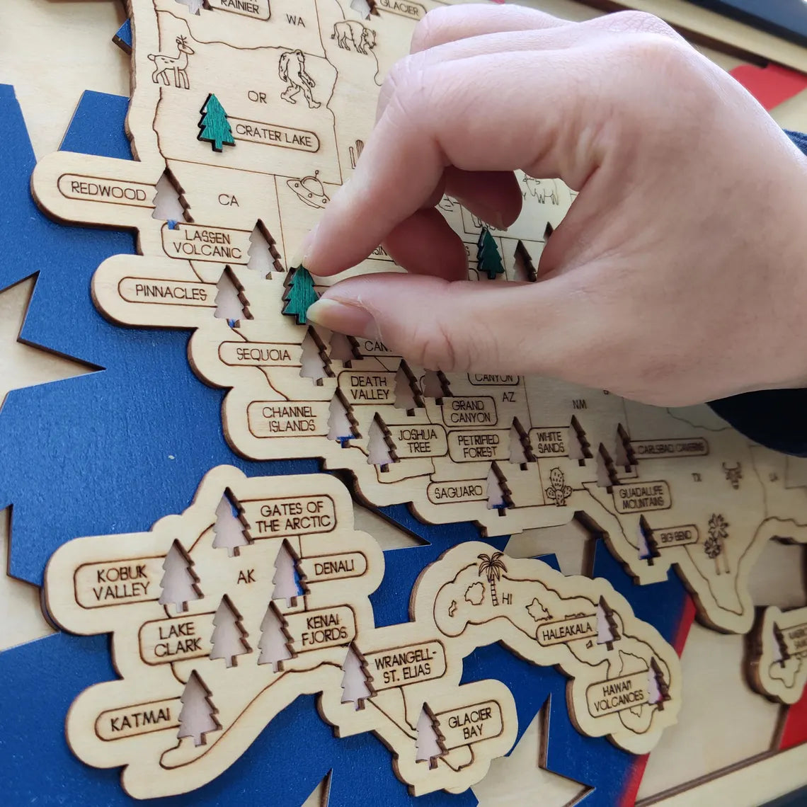 Wooden National Parks Map With Trees To Record Park Visits (USA Flage)
