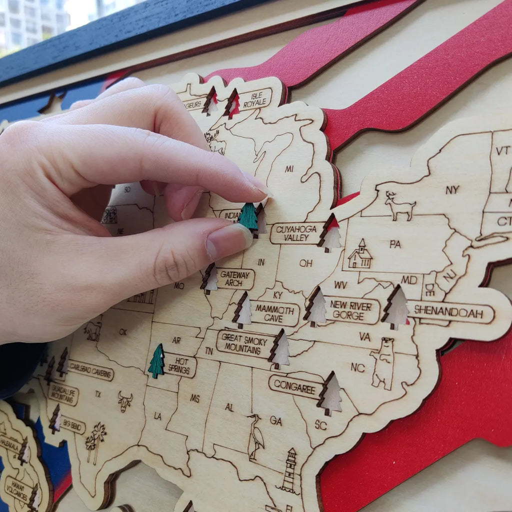 Wooden National Parks Map With Trees To Record Park Visits (USA Flage)