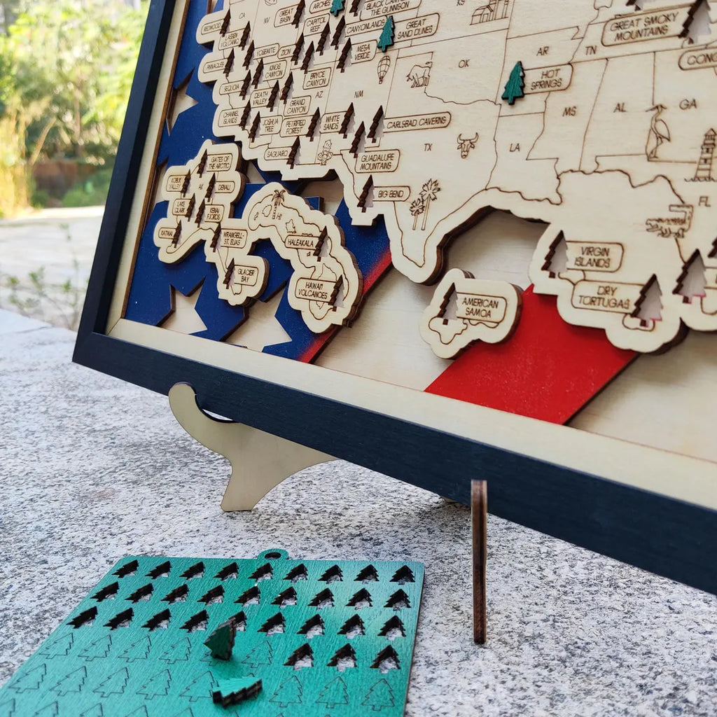 Wooden National Parks Map With Trees To Record Park Visits (USA Flage)