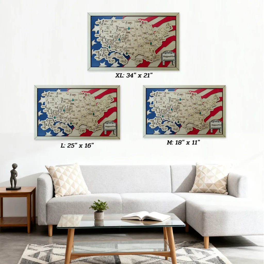 Wooden National Parks Map With Trees To Record Park Visits (USA Flage)