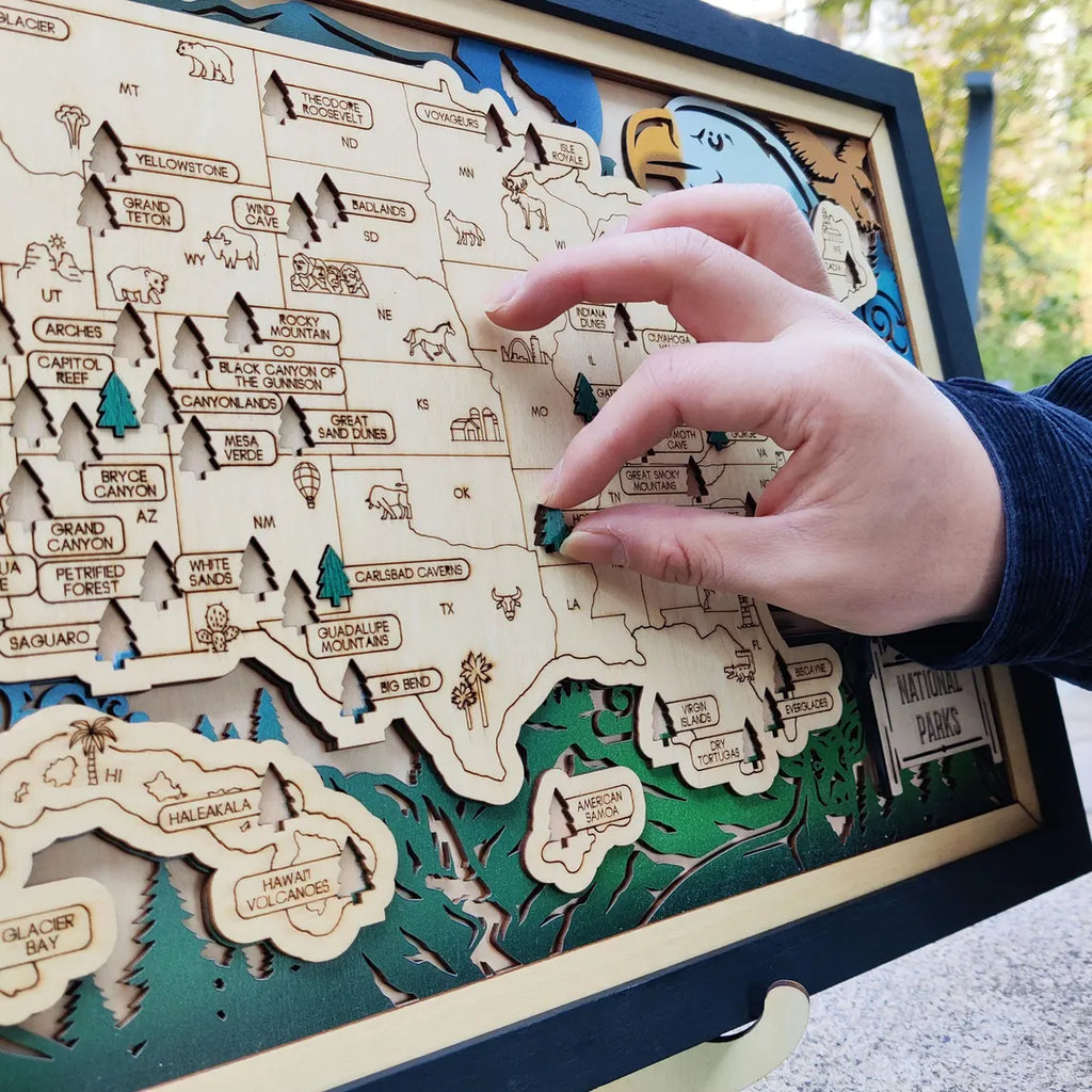 Wooden National Parks Map With Trees To Record Park Visits (Eagle)