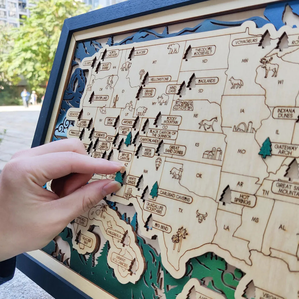 Wooden National Parks Map With Trees To Record Park Visits (Eagle)