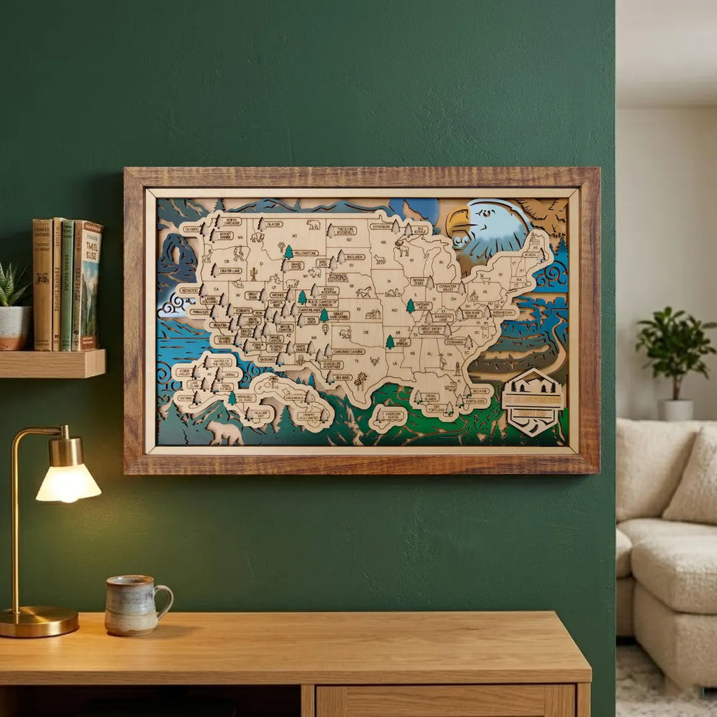 Wooden National Parks Map With Trees To Record Park Visits (Eagle)