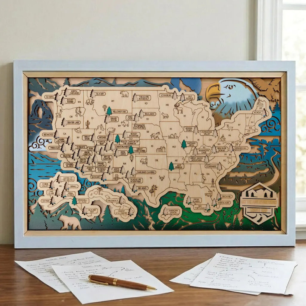 Wooden National Parks Map With Trees To Record Park Visits (Eagle)