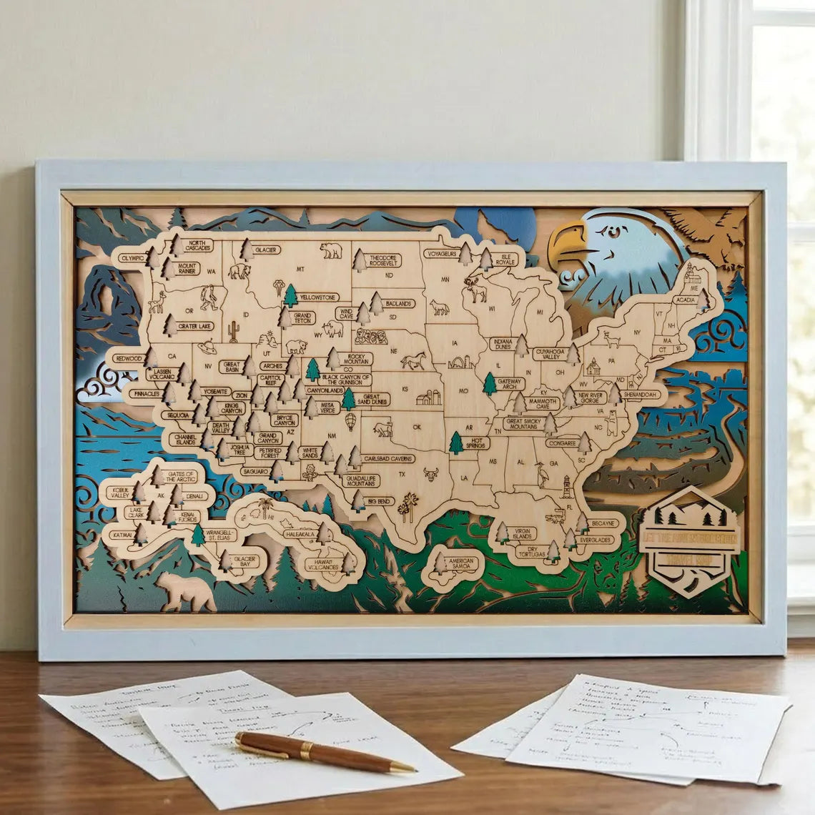 Wooden National Parks Map With Trees To Record Park Visits (Eagle)