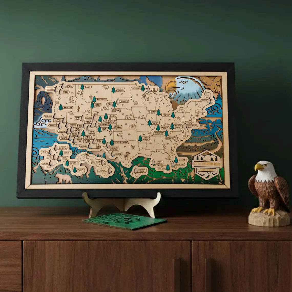 Wooden National Parks Map With Trees To Record Park Visits (Eagle)