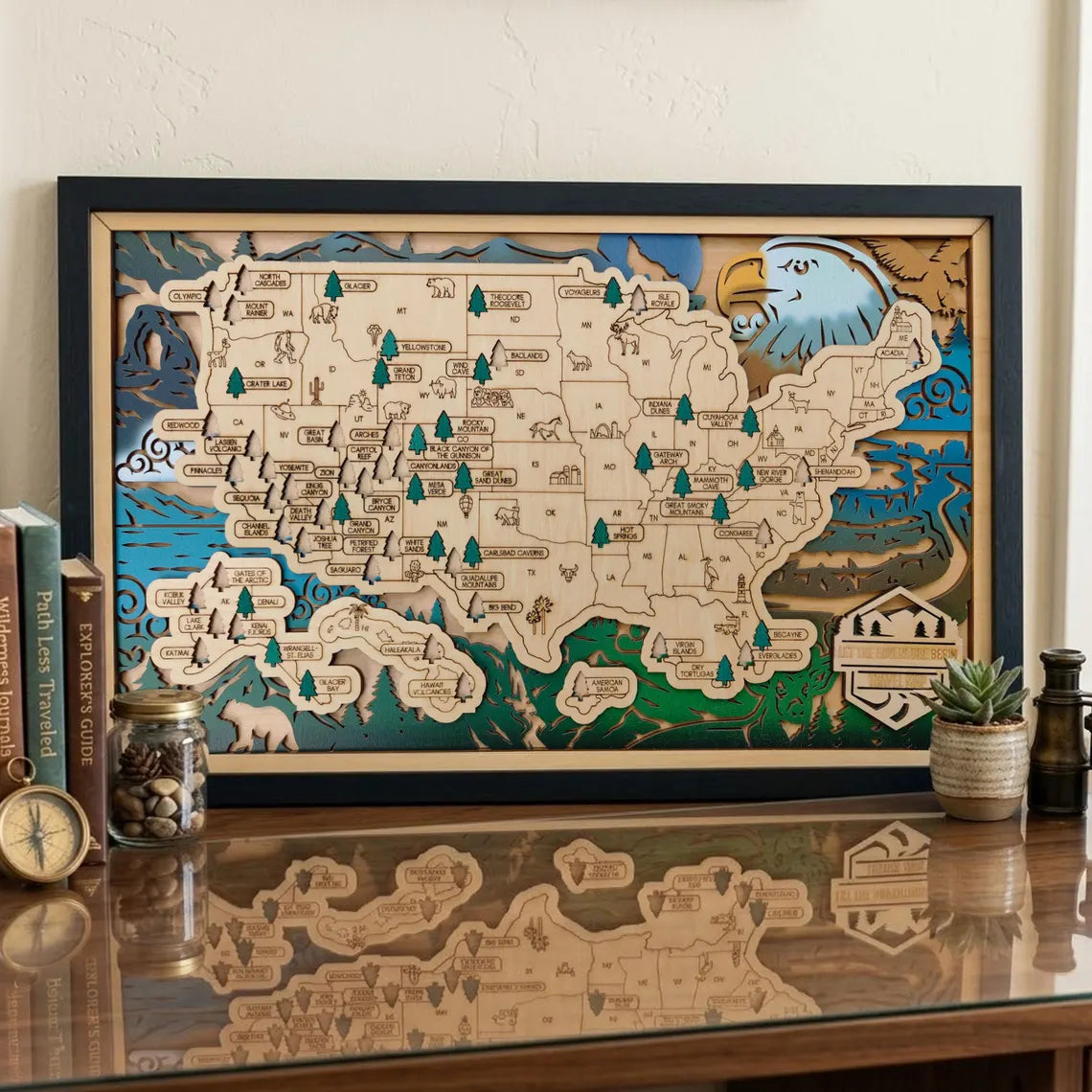 Wooden National Parks Map With Trees To Record Park Visits (Eagle)