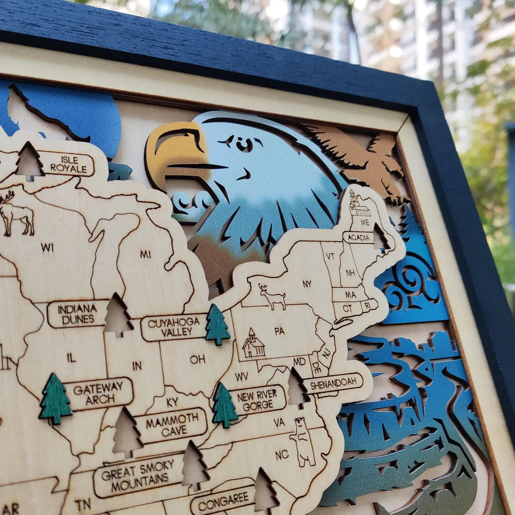 Wooden National Parks Map With Trees To Record Park Visits (Eagle)