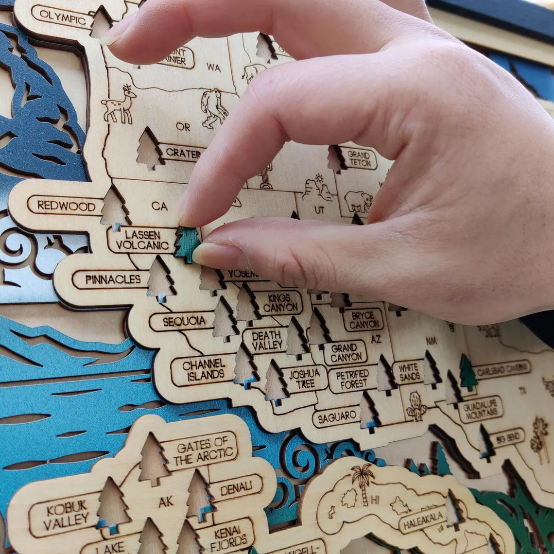 Wooden National Parks Map With Trees To Record Park Visits (Eagle)