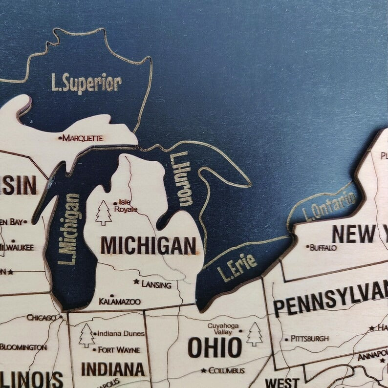 Wooden Map of USA (Black Printed Board + Natural Plywood)