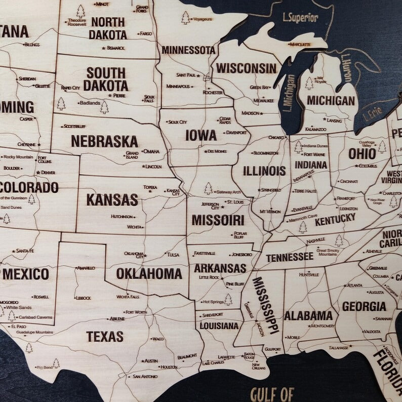 Wooden Map of USA (Black Printed Board + Natural Plywood)