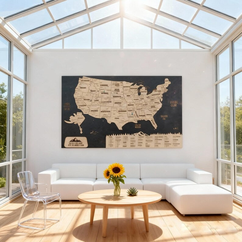 Wooden Map of USA (Black Printed Board + Natural Plywood)