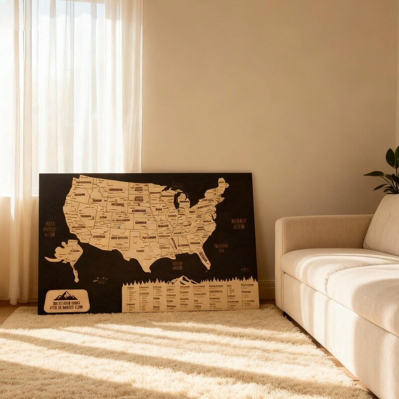 Wooden Map of USA (Black Printed Board + Natural Plywood)