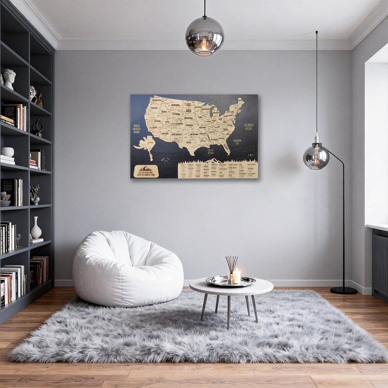 Wooden Map of USA (Black Printed Board + Natural Plywood)