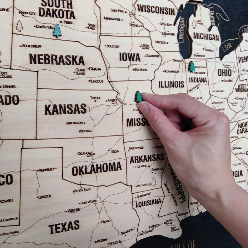 Wooden Map of USA (Black Printed Board + Natural Plywood)