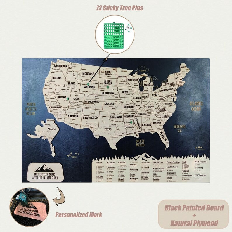 Wooden Map of USA (Black Printed Board + Natural Plywood)