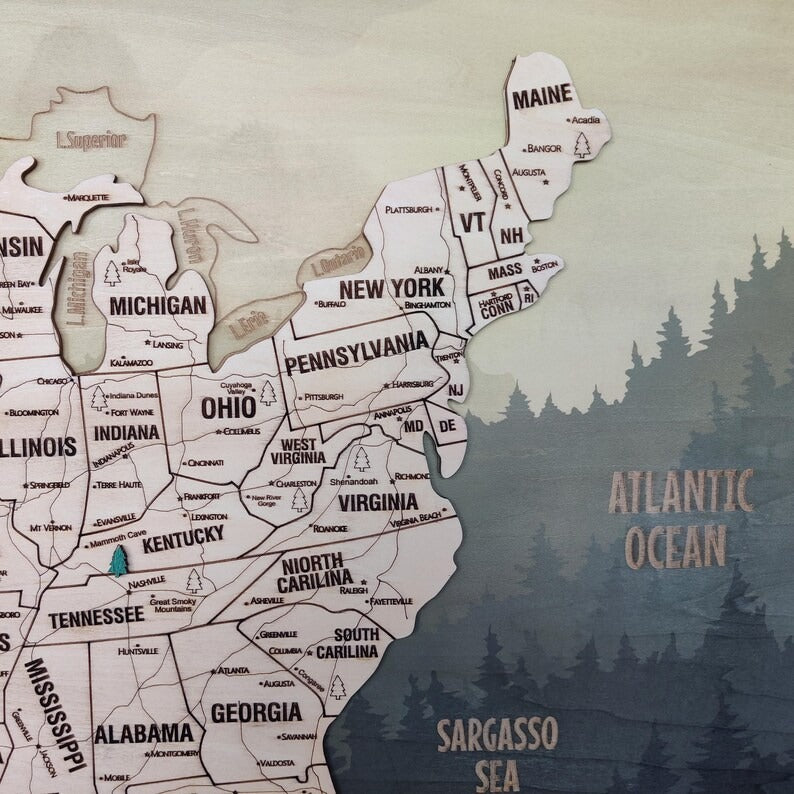 Wooden Map of USA (Mountains Printed Board + Natural Plywood)