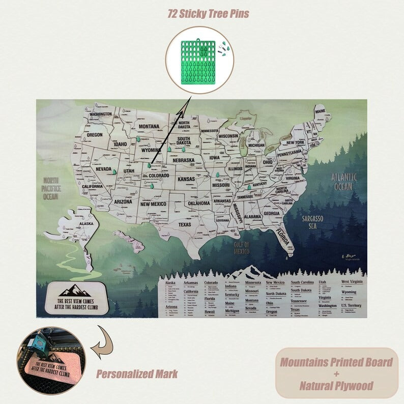 Wooden Map of USA (Mountains Printed Board + Natural Plywood)