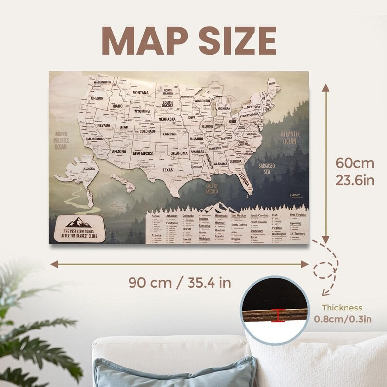 Wooden Map of USA (Mountains Printed Board + Natural Plywood)
