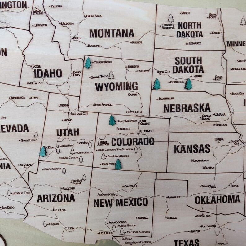 Wooden Map of USA (Mountains Printed Board + Natural Plywood)