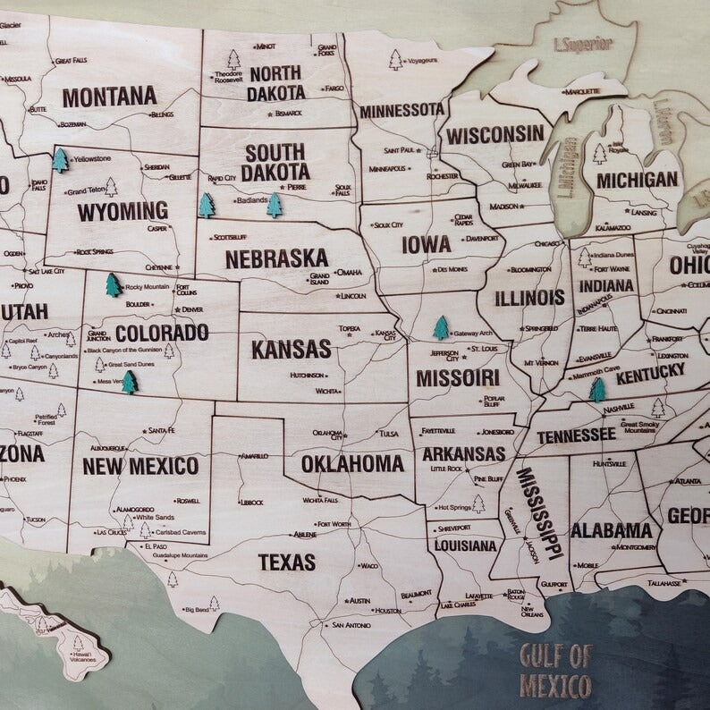 Wooden Map of USA (Mountains Printed Board + Natural Plywood)
