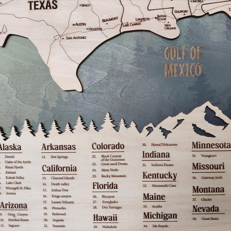 Wooden Map of USA (Mountains Printed Board + Natural Plywood)