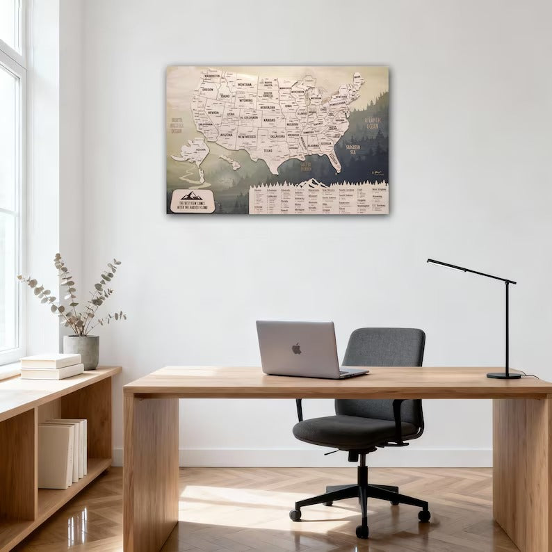 Wooden Map of USA (Mountains Printed Board + Natural Plywood)