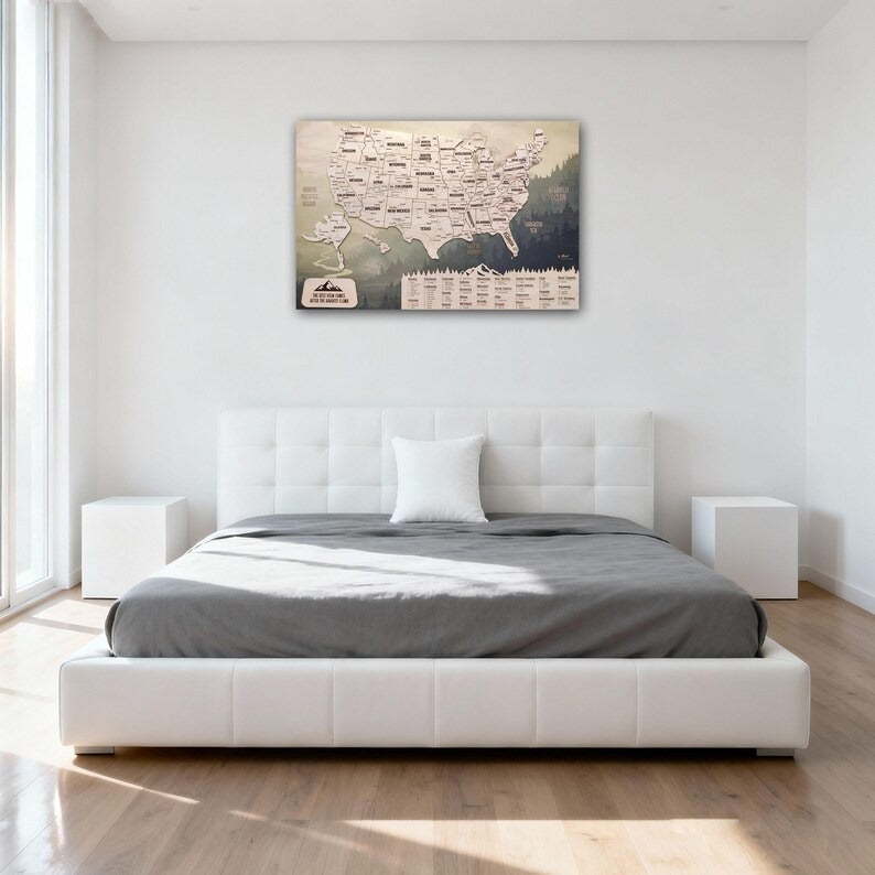 Wooden Map of USA (Mountains Printed Board + Natural Plywood)