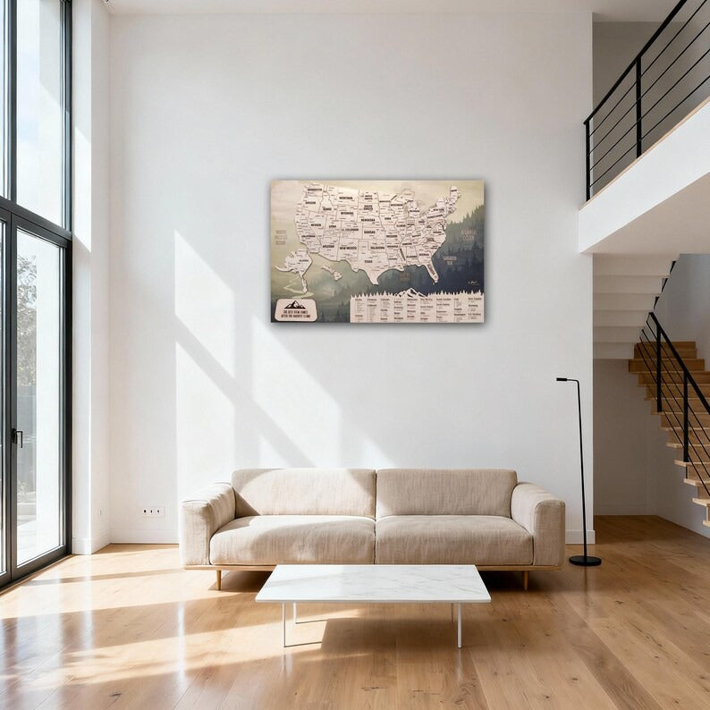 Wooden Map of USA (Mountains Printed Board + Natural Plywood)