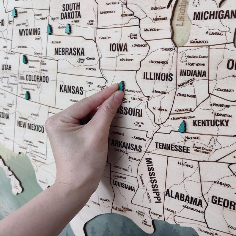 Wooden Map of USA (Mountains Printed Board + Natural Plywood)