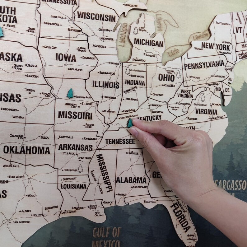 Wooden Map of USA (Mountains Printed Board + Natural Plywood)