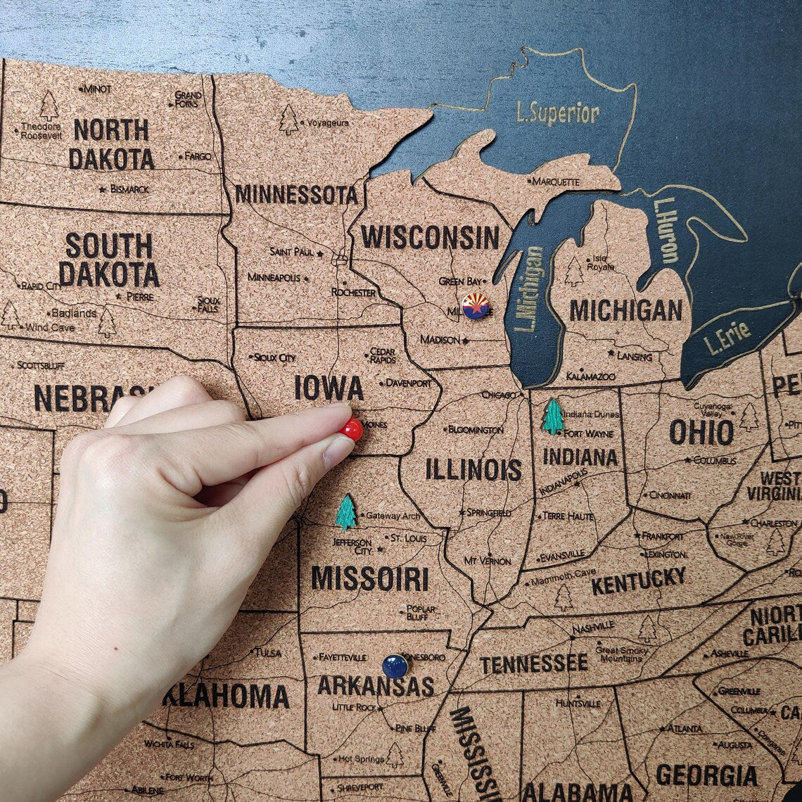 Cork Push Pin USA Wood Map - Travel Tracker Wall Art
