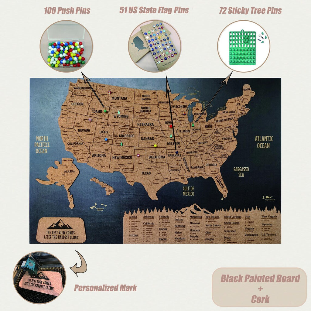 Cork Push Pin USA Wood Map - Travel Tracker Wall Art