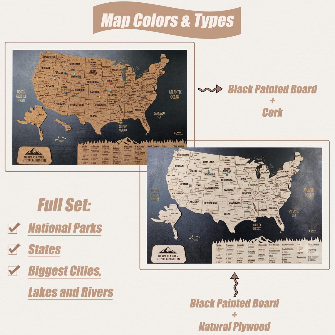 Cork Push Pin USA Wood Map - Travel Tracker Wall Art