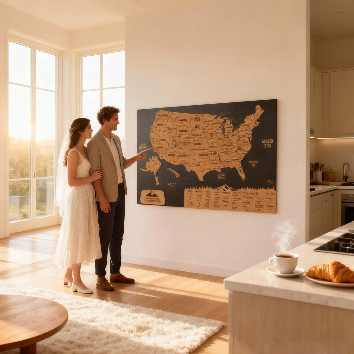Cork Push Pin USA Wood Map - Travel Tracker Wall Art