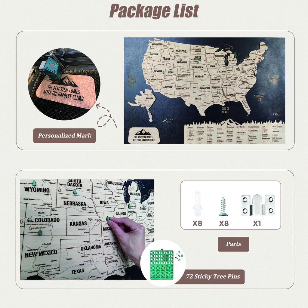 Cork Push Pin USA Wood Map - Travel Tracker Wall Art