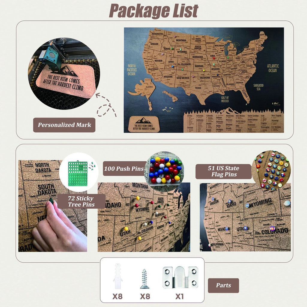 Cork Push Pin USA Wood Map - Travel Tracker Wall Art