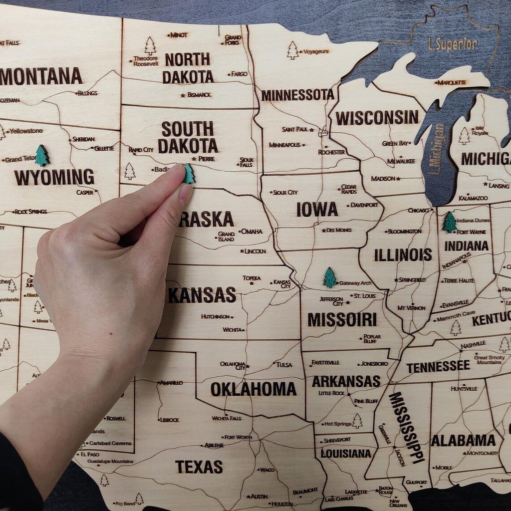Cork Push Pin USA Wood Map - Travel Tracker Wall Art