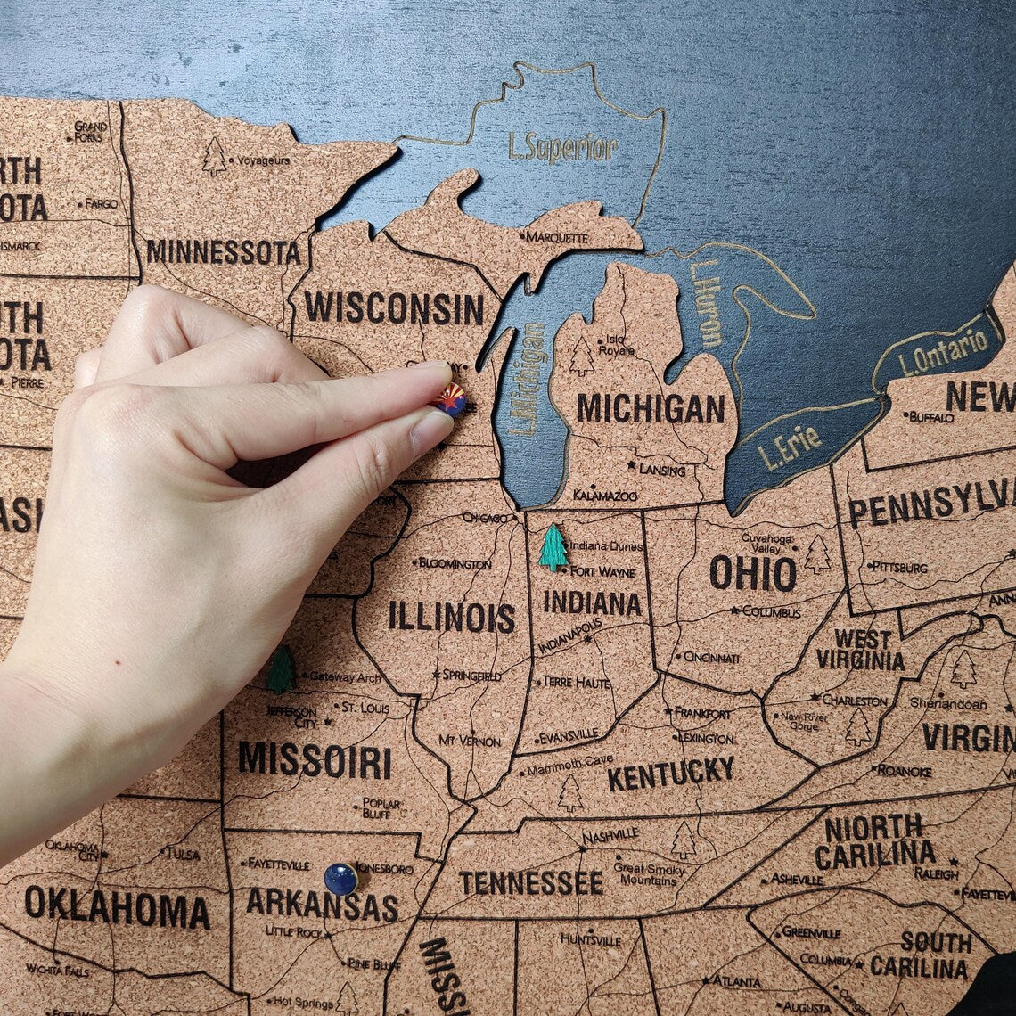 Cork Push Pin USA Wood Map - Travel Tracker Wall Art