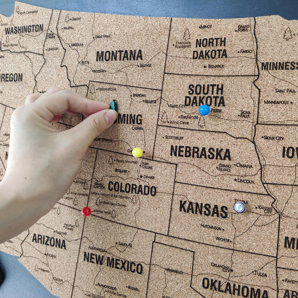 Cork Push Pin USA Wood Map - Travel Tracker Wall Art